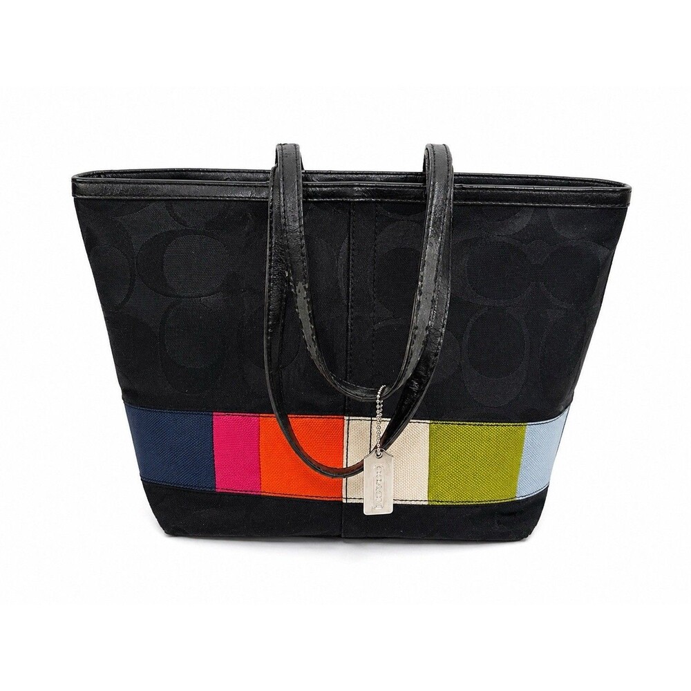 Coach Signature Stripe Tote Bag Black Canvas Leather Trim Shoulder Purse Handbag